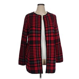 Talbots Long Plaid Cardigan Sweater Women's XL Red Black Tartan Cotton Knit NWT